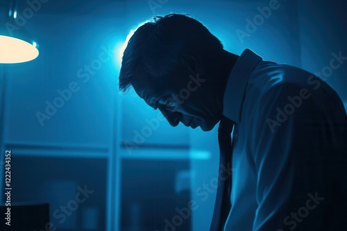 business executive in dimly lit office, head bowed in stress, dramatic chiaroscuro lighting emphasizes isolation, cool blue tones create melancholic atmosphere