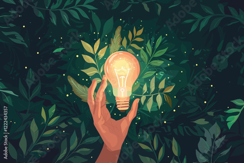 Human Hand Holding Glowing Light Bulb with Green Leaves Background