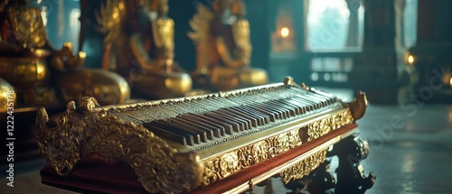 A grand, golden xylophone sits majestically in an opulent hall, capturing the essence of musical legacy and art. photo