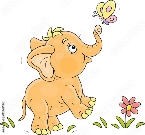 Cute baby elephant merrily playing with a cheerful butterfly on a summer lawn, vector cartoon illustration on a white background