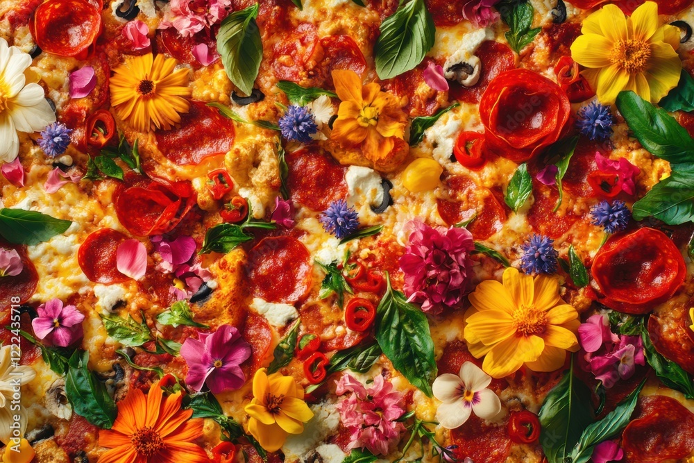 A pizza with a variety of colorful vegetables and flowers on top A pizza with a variety of colorful vegetables and flowers on top