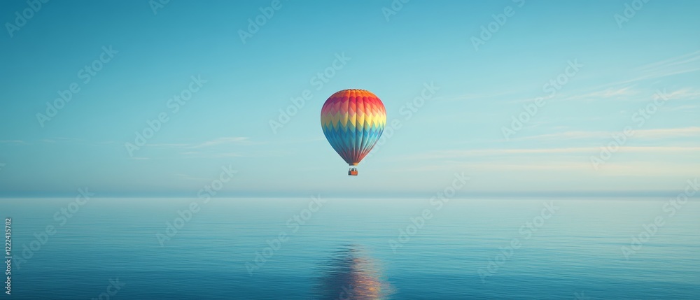 Fototapeta premium A vibrant hot air balloon hovers over a calm, blue ocean, reflecting on the water's surface, symbolizing freedom and infinite possibilities.