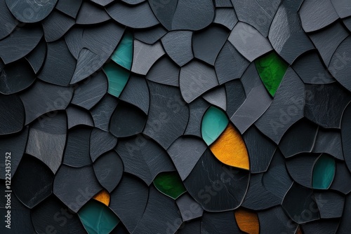 An abstract composition showcasing an array of organic shapes in dark tones complemented by green and yellow accents, creating a captivating visual experience.