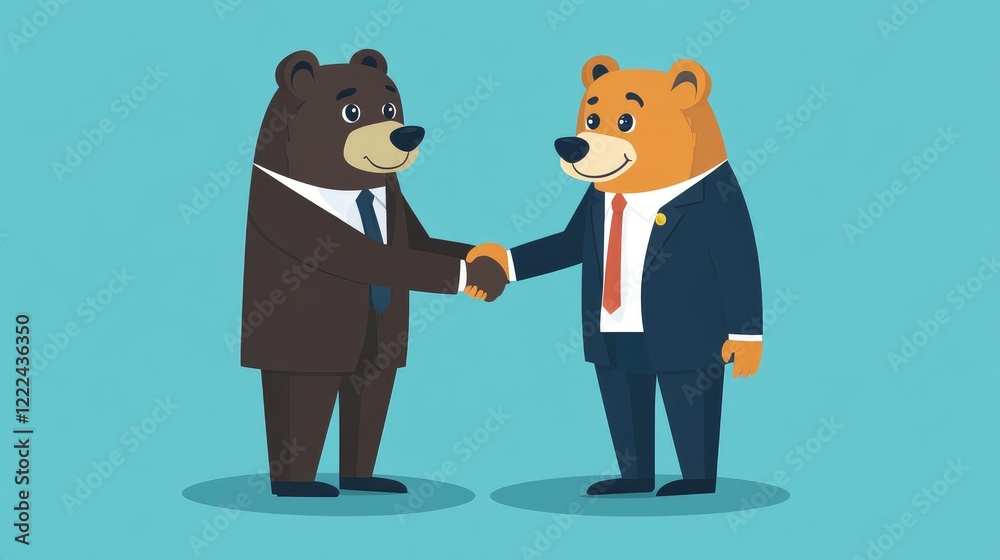 A bear-headed politician in a business suit shaking hands with another figure, symbolizing unity and successful negotiation. A bear-headed politician in a business suit shaking hands with another figure, symbolizing unity and successful negotiation.