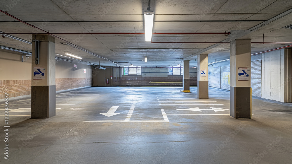 Underground car parking with vacant places and markup. Empty area for transport in building basement with columns and guiding arrows show way to exit, city infrastructure. Cartoon vector illustration Underground car parking with vacant places and markup. Empty area for transport in building basement with columns and guiding arrows show way to exit, city infrastructure. Cartoon vector illustration