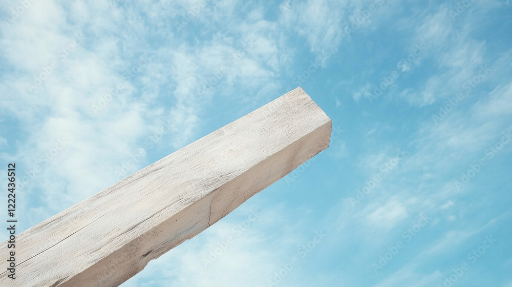 Wooden Beam Against Blue Sky: A weathered wooden beam extends upwards against a vibrant blue sky, dotted with soft, white clouds. The composition creates a sense of hope and the potential for growth. Wooden Beam Against Blue Sky: A weathered wooden beam extends upwards against a vibrant blue sky, dotted with soft, white clouds. The composition creates a sense of hope and the potential for growth.