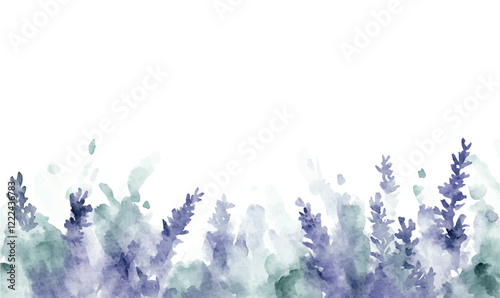 Watercolor background simple minimalistic. Muted lavender and sage green texture on paper. A minimalist arrangement of lavender sprigs at the bottom