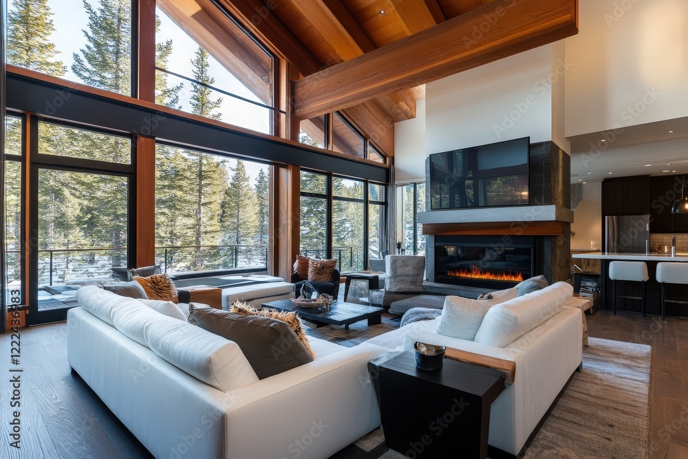 Fototapeta premium This image captures an elegant living room with large windows allowing natural light, showcasing wooden features that create a warm and inviting atmosphere within the space.