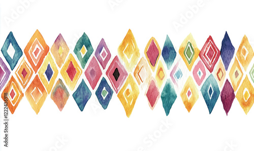 Ethnic border. Watercolor ornament in woven patterns. Watercolor simple border isolated on white, textured. 