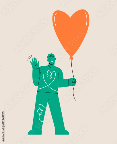 Give and share love. Man holds heart shaped balloon. Colorful vector illustration