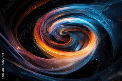 A mesmerizing spiral vortex of vibrant colors, blending hues of blue and orange, symbolizing transformation and connection in an abstract, delicate composition.