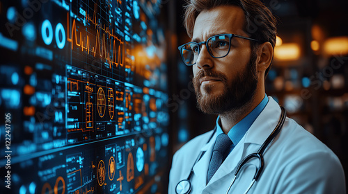 doctor in hospital views digital interface glowing medical icons and data points abstract illustration