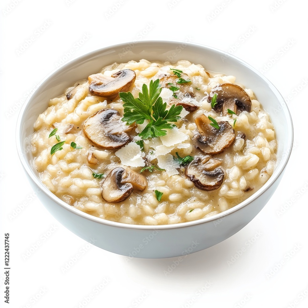A bowl of creamy risotto with wild mushrooms and parmesan cheese, isolated white background, classic realism art style A bowl of creamy risotto with wild mushrooms and parmesan cheese, isolated white background, classic realism art style