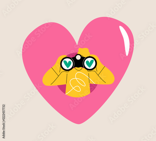 Woman emerges from the shape of a heart. Concept of looking for love. Colorful vector illustration