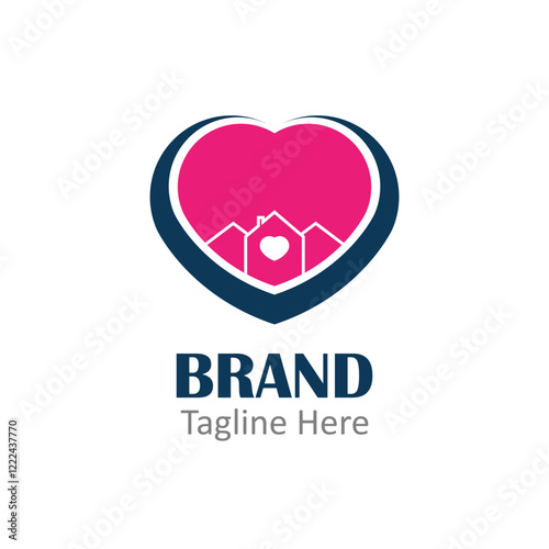 Pink heart surrounding houses, safeguarding a smaller heart. Great for marketing campaigns, logos, and advertisements related to home protection.