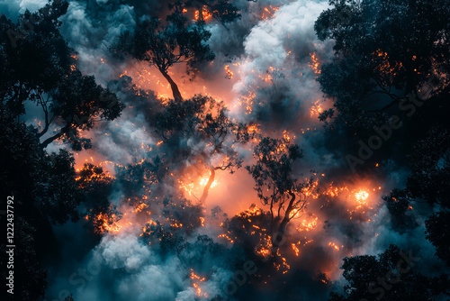 Burning trees and bushes in the forest covered in thick smoke. Forest fires.