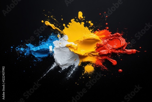 A dynamic burst of colors with blue, yellow, red, and white paint, showcasing an energetic abstract explosion that captures the viewer's attention through its vivid splatter effects.