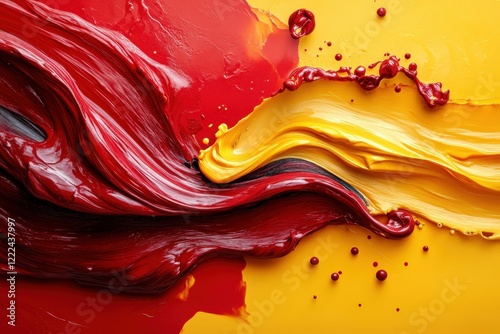 A striking abstract composition featuring a dynamic swirl of red and yellow paint, showcasing the beauty of color blending and artistic expression on a bold yellow background.