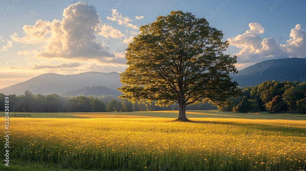 Obraz premium Serene Landscape with Majestic Tree and Mountain Background Sunset