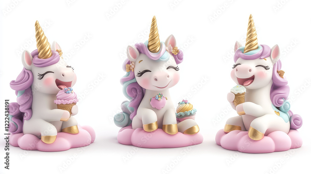 Obraz premium Cute unicorn character in different poses isolated on white background. Vector set of cartoon funny magic horse with golden horn and purple mane eat ice cream, smile and lay on pink cloud