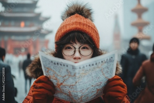 A tourist holding a map upside down, squinting at a street sign while locals walk by in the background, their face reflecting bewilderment