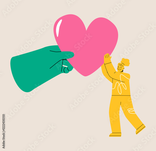 Big hand gives heart to woman. Support concept. Colorful vector illustration