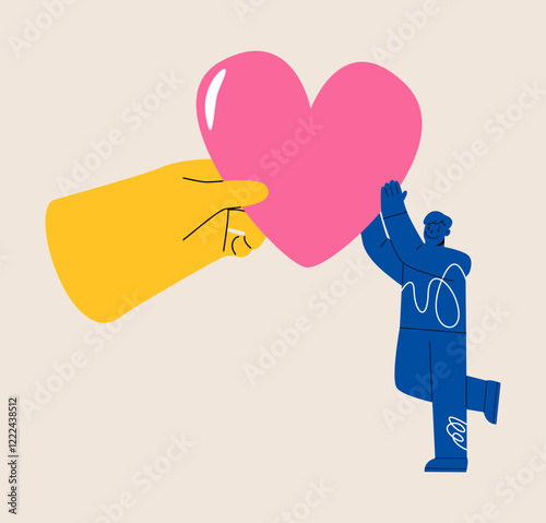 Big hand gives heart to man. Support concept. Colorful vector illustration