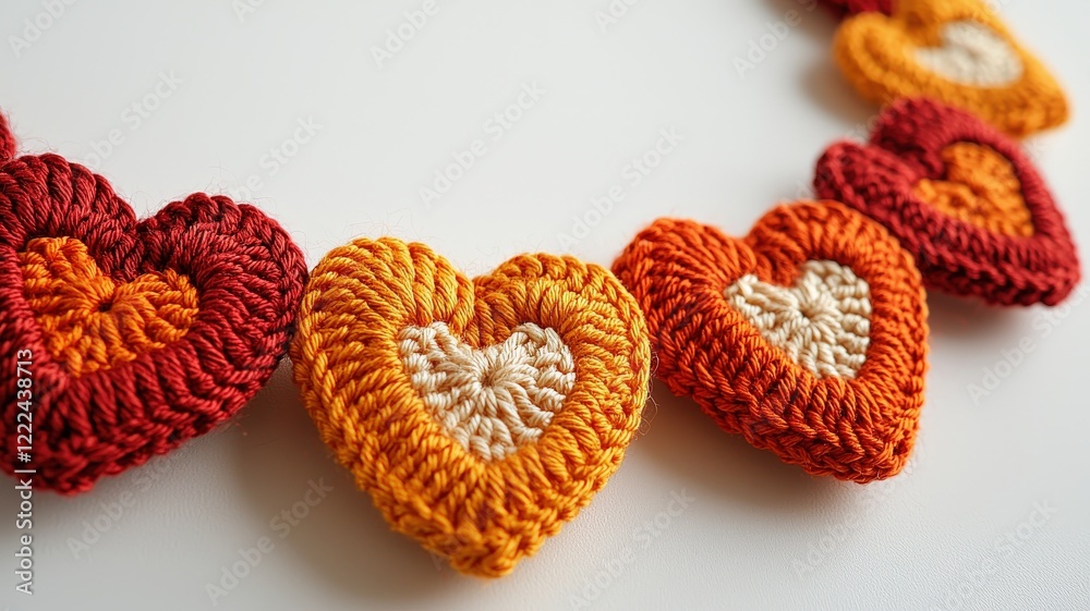 Obraz premium Colorful crochet hearts create a charming necklace, showcasing intricate patterns and vibrant hues of red, orange, and yellow.