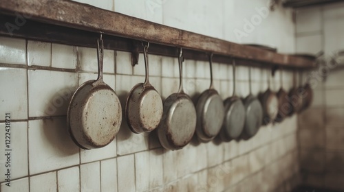 Rustic kitchen wall with vintage metal pots hanging on a wooden rack. photo