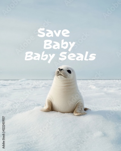 Nordic Minimalism Save Baby Seals Campaign with Icy Blue Accents for Winter Conservation and Holiday Eco Marketing Designs photo