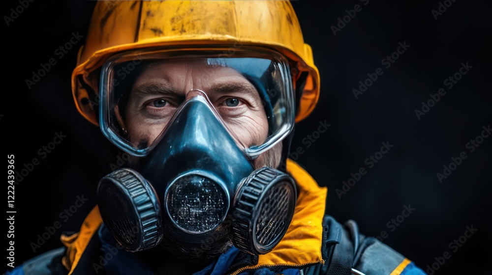a protective helmet and respirator, their face partially visible behind the safety equipment, is shown against a stark dark background. a protective helmet and respirator, their face partially visible behind the safety equipment, is shown against a stark dark background.