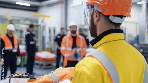 Factory Safety Briefing: A focus on a worker in bright yellow safety jacket and orange helmet, attending a safety briefing in a bustling factory environment.