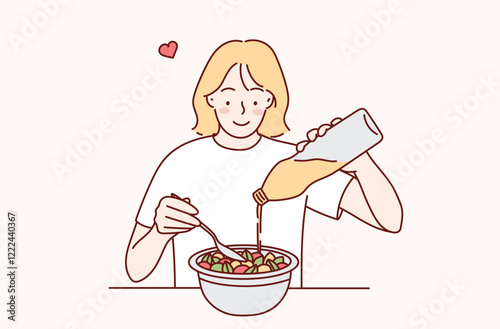 Happy girl on a diet. Proper nutrition. Vector illustration in cartoon style.