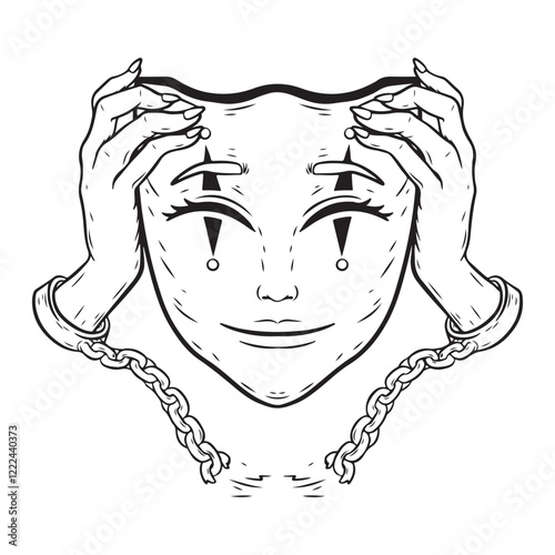 tattoo and t-shirt design black and white hand drawn handcuffed hands holding a mask engraving ornament premium vector	