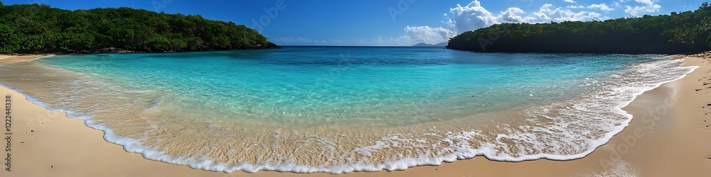 Summer beach with turquoise waters gentle waves lapping against the shore under a bright sky Summer beach with turquoise waters gentle waves lapping against the shore under a bright sky