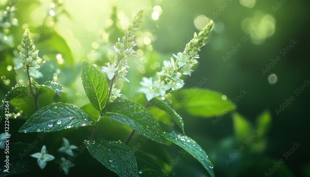 Delicate White Flowers and Dew Drops on Green Leaves in Soft Light Delicate White Flowers and Dew Drops on Green Leaves in Soft Light
