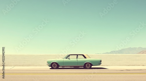 Vintage car on a deserted road by the sea under a clear sky.
