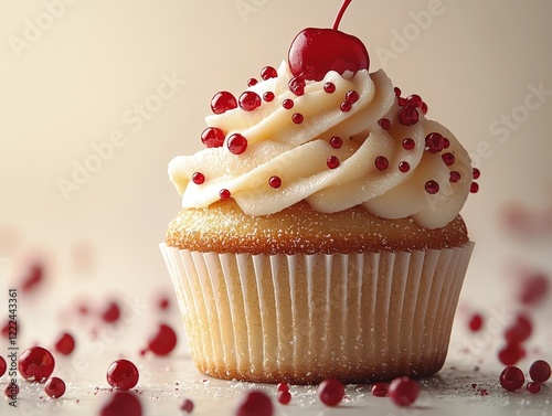 Exquisite Frosted Cupcake with Cherry Accent on Pristine White Background