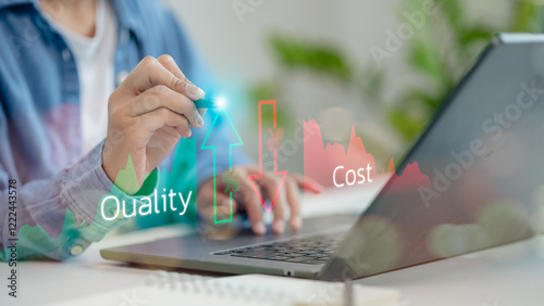 Quality and cost control, Best business management concept, Businessmen use a laptop plan for cost reduction and quality targets, Effective business, Budget control, Cost Management