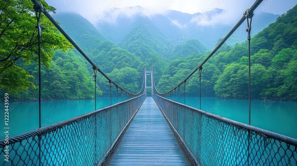 Obraz premium Turquoise waters stretch across a tranquil bay, with a graceful suspension bridge arching over them.