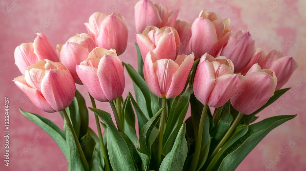 In a vibrant display of nature's artistry, an arrangement of pink tulips bursts to life against a delicate pastel background In a vibrant display of nature's artistry, an arrangement of pink tulips bursts to life against a delicate pastel background