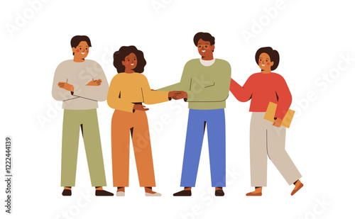 Partners handshaking with respect, business teams collaborate. Unity and support between colleagues in company. Start up and work project begining. Vector illustration