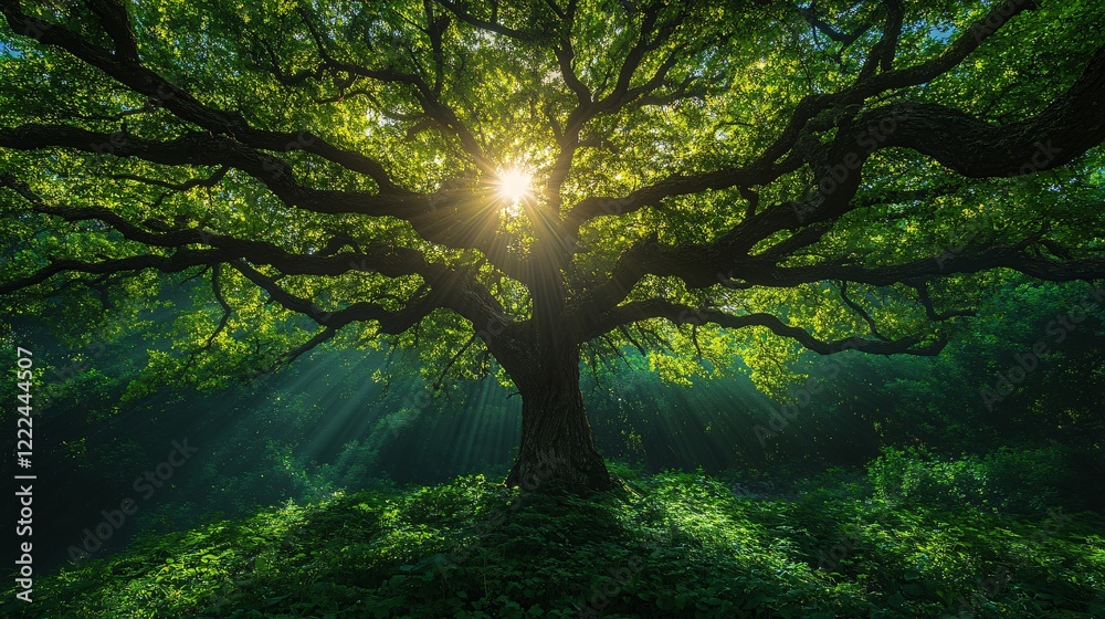 Obraz premium Majestic Tree Under Sunlight Beam with Lush Green Foliage