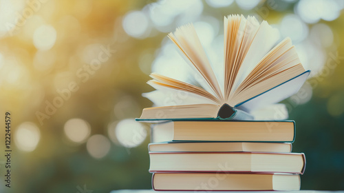 Open Book on Stack of Books: An open book rests atop a stack of books, its pages fanned out invitingly against a softly blurred background of sunlit greenery.