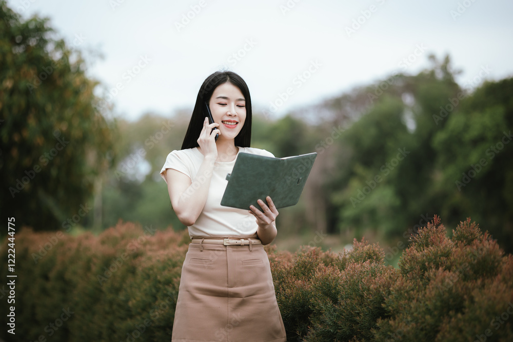 A confident young Asian woman is working on her laptop in a vibrant park. E-banking and career aspirations in a modern lifestyle. A confident young Asian woman is working on her laptop in a vibrant park. E-banking and career aspirations in a modern lifestyle.