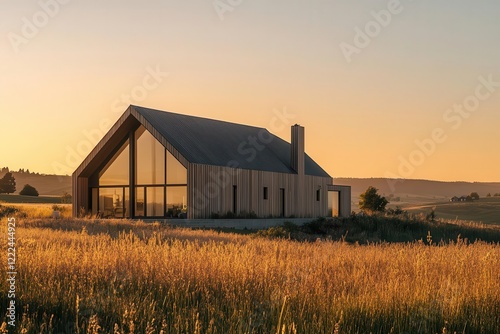 contemporary farmhouse with dramatic angular rooflines and expansive windows reflecting golden sunset light, surrounded by pastoral landscape photo