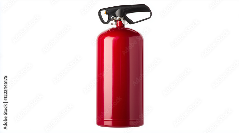 Obraz premium Red Fire Extinguisher: A vibrant red fire extinguisher stands ready, its sleek design and prominent handle signaling preparedness and safety.
