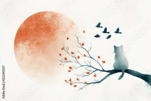 A whimsical depiction of a cat calmly sitting on a tree branch while birds chirp around it, symbolizing cool-headed confidence in the midst of activity, drawn in bright tones on a clean white
