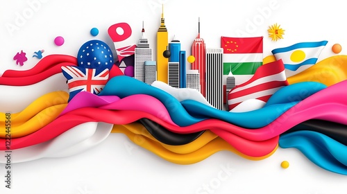 Colorful Global Unity Vibrant City Skylines and Waving Flags