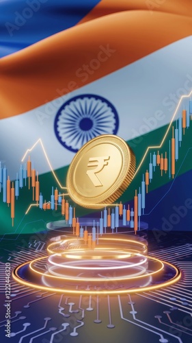 a golden Indian rupee coin with stock market graphs, india economy and finance, economic growth.